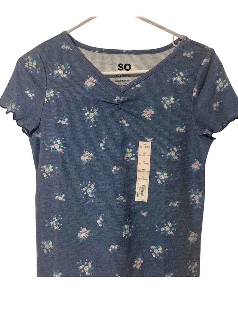 SO Girls XL 14/16 Floral Ribbed Tee Blue V-Neck Short Sleeve NWT